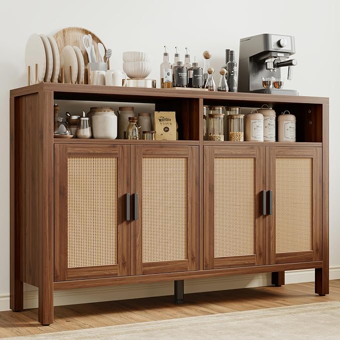 Rattan Buffet Cabinet with Storage, Sideboard with Doors, Console Table, Farmhouse Coffee Bar, Modern Wood Storage Cabinets(Walnut 2.0)