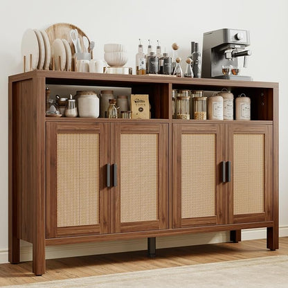 Rattan Buffet Cabinet with Storage, Sideboard with Doors, Console Table, Farmhouse Coffee Bar, Modern Wood Storage Cabinets(Walnut 2.0)