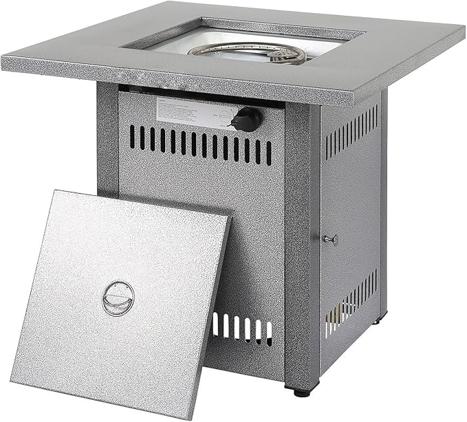 Hexago 28 Inch Propane Fire Pit Table, Gas Square Outdoor Fire Table Dinning with Lid, Lava Stone, 50000BTU, ETL Certification, for Outside Garden Backyard Deck Patio, Silver
