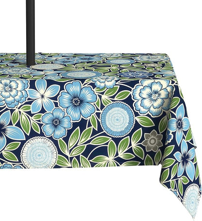LVTXIII Rectangle Outdoor Tablecloth with Umbrella Hole and Zipper, Water-Repellent 60 x 84 Inch Patio Table Cover for Picnic, Garden, Backyard Dining, Botanical Blues