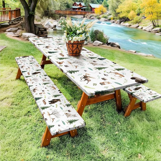 Picnic Table Cover with Bench Covers, Camping Essentials, Funny Rustic Woodland Animals Dear Beer Fox Table Cover Waterproof Fitted Tablecloth Cover with Elastic Edge for Outdoor 3 PCS 30x60 Inch
