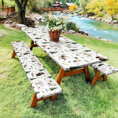 Picnic Table Cover with Bench Covers, Camping Essentials, Funny Rustic Woodland Animals Dear Beer Fox Table Cover Waterproof Fitted Tablecloth Cover with Elastic Edge for Outdoor 3 PCS 30x60 Inch
