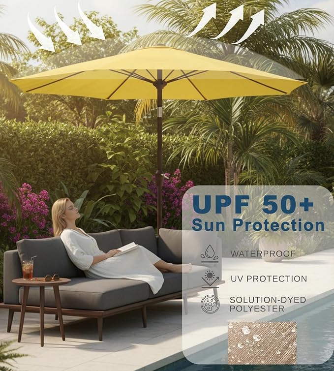 9FT Auto-Tilt Patio Umbrella|Outdoor Market Table Umbrella with 8 Fiberglass Ribs for Pool,Deck&Backyard