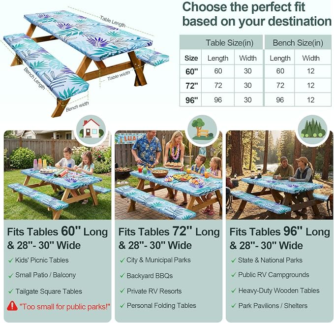 Picnic Table Cover Bench Covers Camping Essentials Tablecloth | Waterproof Vinyl for Outdoor, Windproof Elastic Fitted Edges, RV BBQ Accessories Must Haves, Storage Bag Included