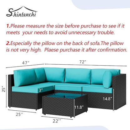 5 Piece Outdoor Patio Furniture Set,Black PE Rattan Wicker Sectional Sofa, All Weather Conversation Set with Washable Cushions & Glass Coffee Table for Backyard Poolside Garden Porch,Blue