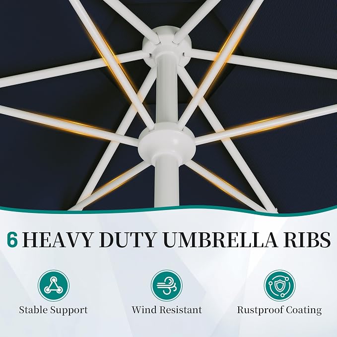 AreShark 7.5FT Outdoor Patio Umbrella with Wavy Trim (Navy) | Market Table Umbrellas w/ 6 Sturdy Ribs, Crank & Tilt, White Pole, Pool Umbrella with UV-Fade Resistant Fabric, Heavy Frame