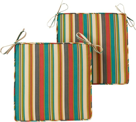 Outdoor 18 inch Square Patio Dining Chair Pads – Comfortable Fiber-Filled Seat Cushions with Ties, Reversible Polyester Fabric - Sunset Stripe - Updated, Set of 2