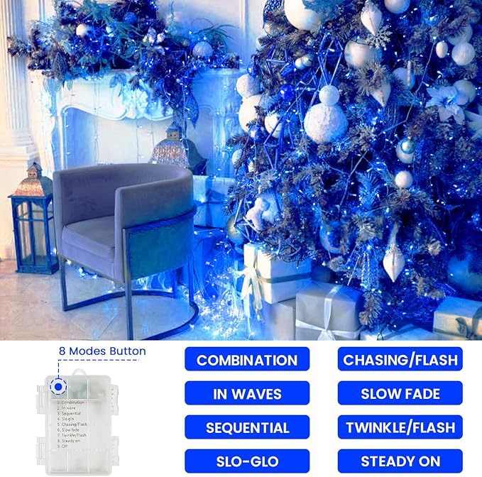 2 Pack String Lights Battery Operated with Timer, 66FT 200 LED Waterproof Battery Twinkle Lights, 8 Modes Fairy Light for Indoor & Outdoor Party Bedroom Porch Tree Christmas Decorations (Blue)