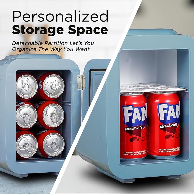 IceBox 4-Liter Mini Fridge Cooler/Warmer, IBMF4SLT, Slate Blue | Portable Refrigerator Holds 6 Cans, Compact for Skincare, Beverages and Food, Includes 120V AC and 12V Car Adapters