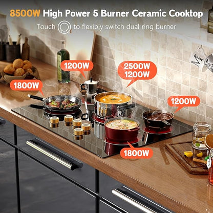 30 Inch Electric Cooktop, 30" Electric Stove 8500W, 5 Burner Ceramic Cook Top Built-in, Knob & Touch Control, Expanded Zone, Child Lock, Pause Function, 220V - 240V Hard Wire, No Plug