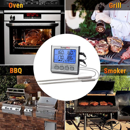 TempPro TP17 Dual Probe Digital Cooking Meat Thermometer Large LCD Backlight Food Grill Thermometer with Timer Mode for Smoker Kitchen Oven BBQ, Silver (Previously ThermoPro)