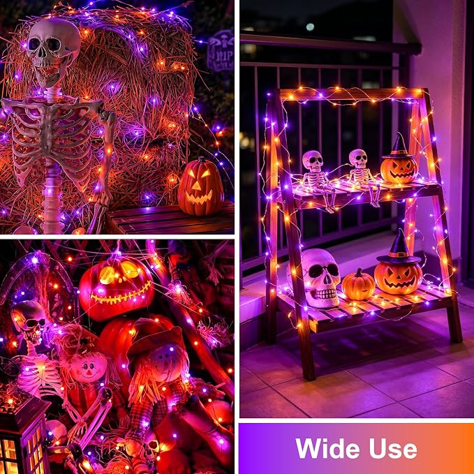QITONG Solar Halloween Lights Outdoor Waterproof, 2 Pack Each 66ft 200 LED Orange and Purple Fairy Lights with 8 Modes, Silver Wire Christmas Mini String Lights