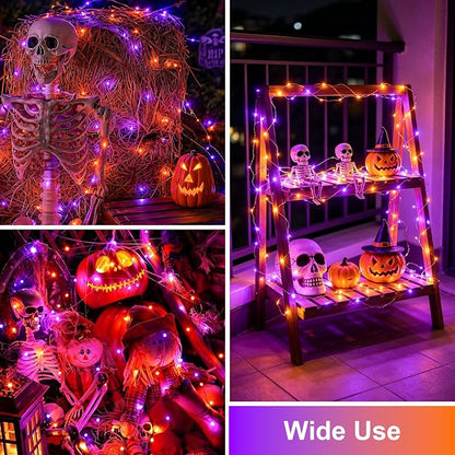 QITONG Solar Halloween Lights Outdoor Waterproof, 2 Pack Each 66ft 200 LED Orange and Purple Fairy Lights with 8 Modes, Silver Wire Christmas Mini String Lights
