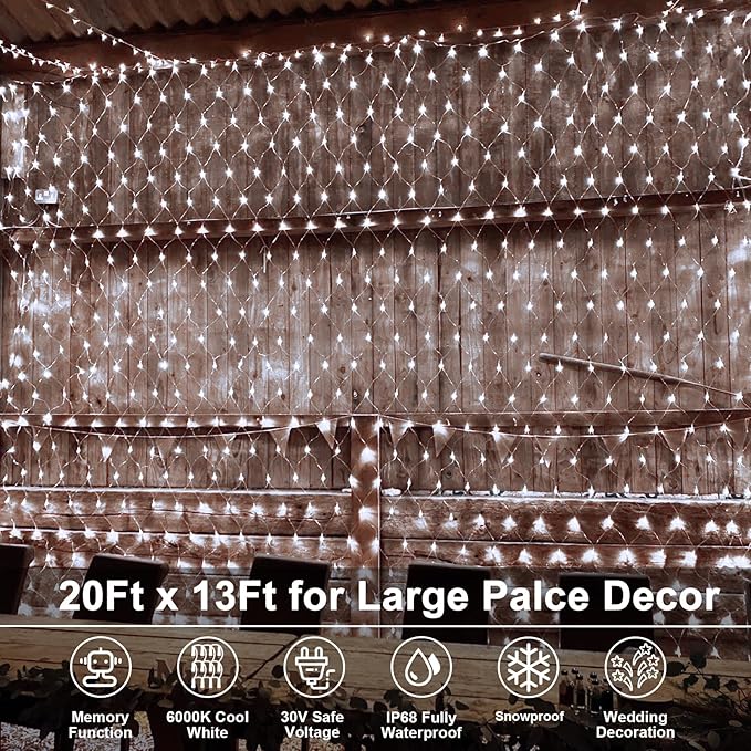 echosari 720 LED Net Lights 20ft x 13ft Large Size Bush Lights Plug in with Remote, IP68 Fully Waterproof Outdoor Net Light for Garden Backyard Wall Bush Trees Decor(Cool White)