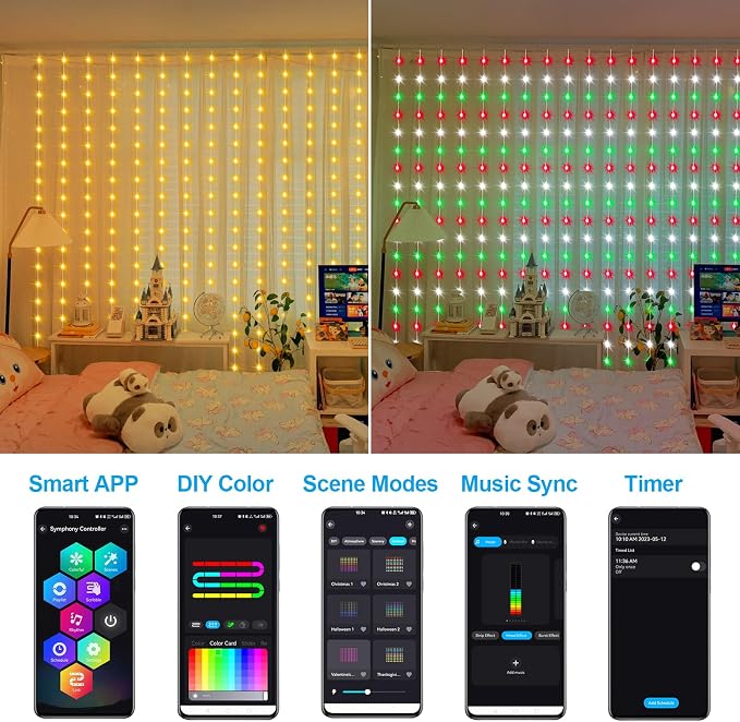Smart Color Changing Curtain Lights RGB 5050 Built in Chip with App Remote | 600 LED Curtain Lights 20Ftx10Ft Compatible with Alexa, Music Sync, Timer Plug in for Christmas Wedding Backdrop Decor