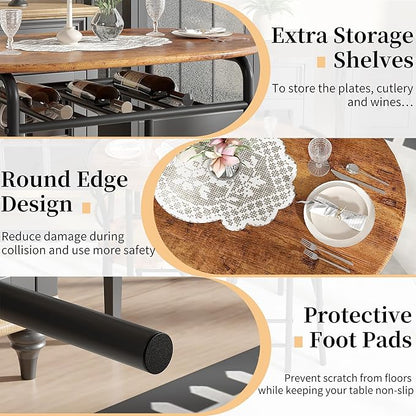 VECELO 3-Piece Dining Table Set for Kitchen Breakfast Nook, Wood Grain Oval Tabletop and Metal Frame with Built-in Wine Rack, for Small Spaces, Antique Brown & Black