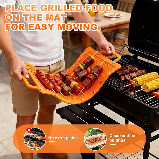 Portable Silicone Grill Mat, Heat Resistant Grill Side Shelf Mats for Food, Foldable Griddle Tools Mat with Drip Pad & Snap Buttons, Non Slip Griddle Accessories Storage Bag for Outdoor Cooking