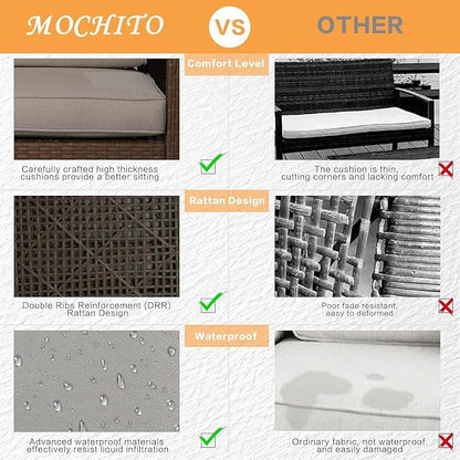 MOCHITO 7 Pieces Outdoor Patio Furniture Sets, All-Weather Sectional Sofa Dark Brown PE Rattan Wicker Conversation Set with Glass Table and Washable Grey Cushions for Backyard