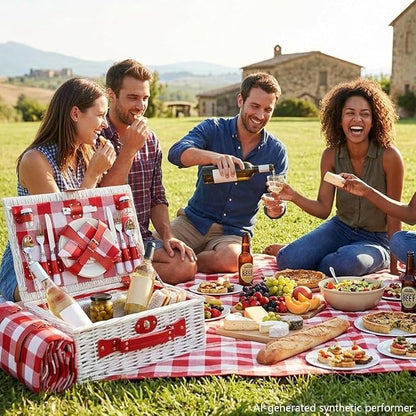 Wicker Picnic Basket Set for 4, Blanket, Cooler Bag, White and Red | Four-Person Wicker Set Includes Tableware, Insulated Food Storage and Waterproof Blanket for Parks, Camping, Dates and Gifts