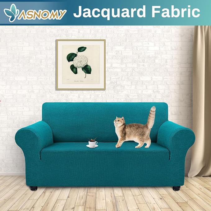 Asnomy Stretch Couch Covers Washable,loveseat Cover Slipcovers,Peacock Blue | 1-Piece Sofa Cover(55"-78") loveseat cover Furniture Protector Soft Jacquard,Non-Slip Elastic Bottom for Dogs & Kids