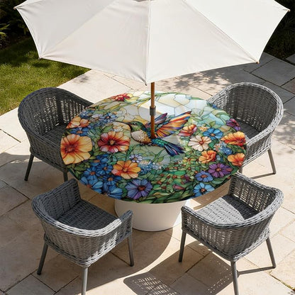 Outdoor Tablecloth with Umbrella Hole and Zipper Fits 61-65" Tables | Waterproof Round Fitted Tablecloth with Elastic Edge, Wipeable Outdoor Table Cover for Patio, Garden, Picnic