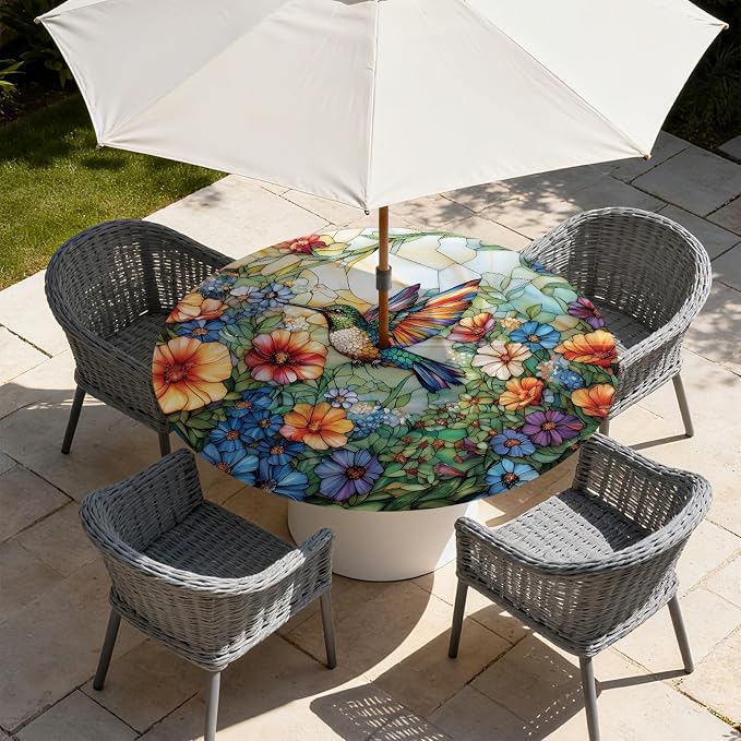 Outdoor Tablecloth with Umbrella Hole and Zipper Fits 32-36" Tables | Waterproof Round Fitted Tablecloth with Elastic Edge, Wipeable Outdoor Table Cover for Patio, Garden, Picnic