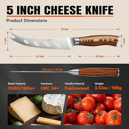 TUO Cheese Knife, Tomato Knife 5.5" Serrated Blade, High Carbon German Steel, Mutil-Use Non Stick Design, Pakkawood Handle - Fiery Phoenix Series