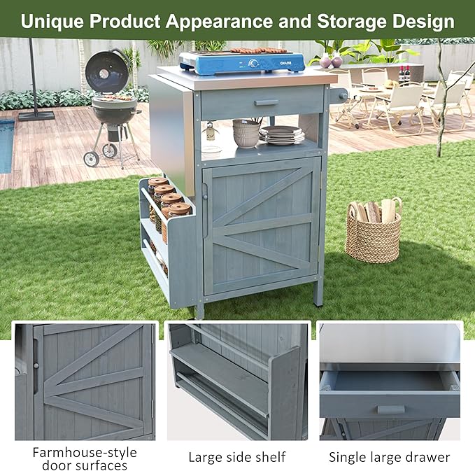 40.5" Outdoor Grill Cart with Stainless Steel Top, Solid Wood Storage Cabinet with Drop Leaf, One Drawer, Towel Rack, Rolling Kitchen Cart with Lockable Wheels for Lawn Garden