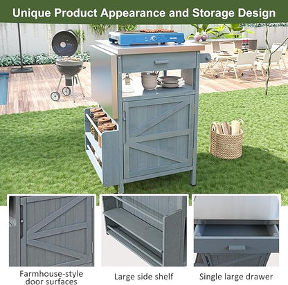 40.5" Outdoor Grill Cart with Stainless Steel Top, Solid Wood Storage Cabinet with Drop Leaf, One Drawer, Towel Rack, Rolling Kitchen Cart with Lockable Wheels for Lawn Garden