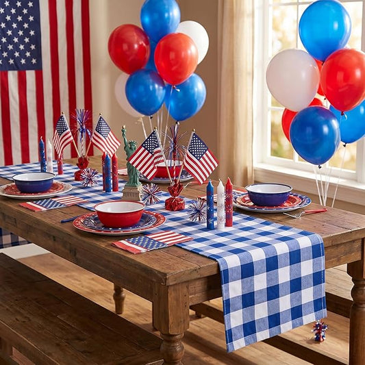 Blue Plaid Table Runner Independence Day Checkered Fabric Cover 13x108 Inch 2 Packs Table Cloths Centerpieces Patriotic Party Picnic Decorative Gingham Rectangle Blue White Checkered Linen Decorations