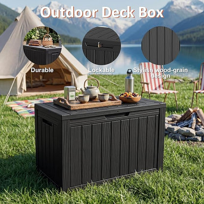 55 Gallon Outdoor Storage Box Waterproof, Small Resin Deck Box with Lockable Lid, UV-Resistant and Weatherproof Outside Storage Bin for Patio Cushions, Garden Tool, Pool Accessories, Furniture, Pillow