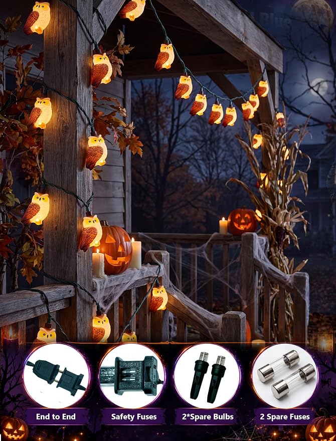 8.5Ft Halloween Owl String Lights Outdoor, 10LED Halloween Party Decoration | Plug-in, End-to-end Connectable, Waterproof & UL Listed, Hanging Animals Decor for Indoor Outdoor Patio Porch, Warm White