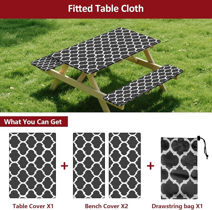 7ft 84in Picnic Table and Bench Cover, 3 Pack, Black-White Moroccan | Drawstring Bag, Waterproof Windproof, Elastic Fitted Edges Tablecloth, for Rectangle Table & Seat, Camping Essentials RV Gear