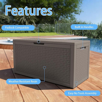 Pepe Tee Outdoor Deck Box, Lockable Waterproof Resin Storage Container with Wood-Look Design, 30 Gallon, Black (coffee, 101, Gallons)