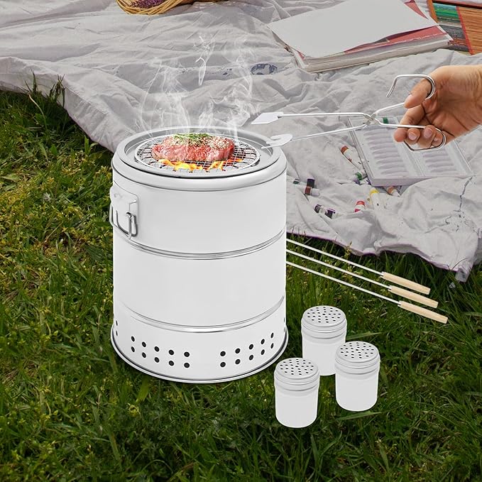 Smokeless Charcoal Hanging Grill, 30-skewers Stainless BBQ Grill Barrel,360° Portable Charcoal Grills for Backyard, Patio & Camping, Double-Layer for Adults & Family