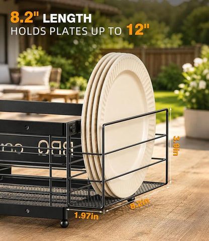 TJ.MOREE Grill Caddy BBQ Organizer for Grilling Tools & Supplies | paper towel & foil holder, fits 8" plates, removable wood handle, for camping, patio, Kitchen, Picnic, RV