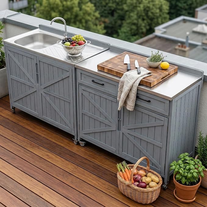 Merax Farmhouse 39.4" Grill Cart with Drawer, Storage Cabinet and Stainless Steel Top, Outdoor Grill Station w/Internal Racks & Lockable Wheels, Modular Kitchen Island for Food Prep & BBQ, Grey Blue