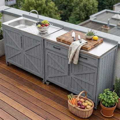 Merax Farmhouse 39.4" Grill Cart with Drawer, Storage Cabinet and Stainless Steel Top, Outdoor Grill Station w/Internal Racks & Lockable Wheels, Modular Kitchen Island for Food Prep & BBQ, Grey Blue