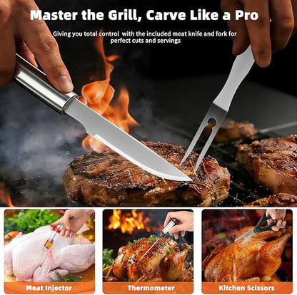 28PCS Stainless Steel BBQ Grill Accessories Set, Grilling Gifts for Men Birthday Father's Day, Portable Multifunction Grilling Utensils Tools Kit with Storage Bag for Outdoor Grill Camping BBQ Party