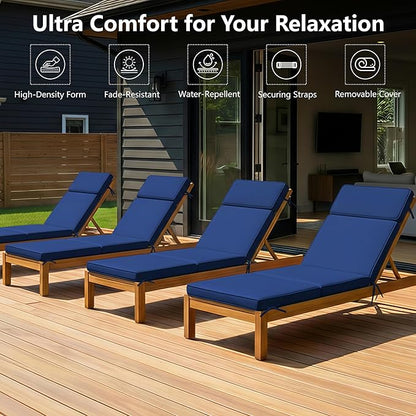 80 x 26 Inch Outdoor Chaise Lounge Cushions Set of 4 - Removable Cover, 4-Section Design, Water-Repellent & Fade-Resistant, 6 Tie Straps, Replacement for Patio & Pool Chairs - Navy