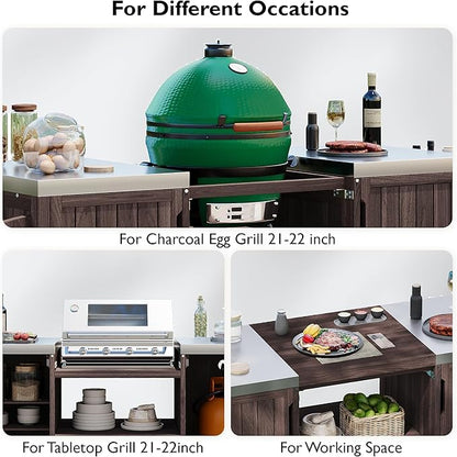 Outdoor Grill Cart Table for Large Big Green Egg Accessories 66.5’’ Solid Wood Kitchen Storage Island Prep Station with Stainless Steel Top for BBQ, Dark Brown