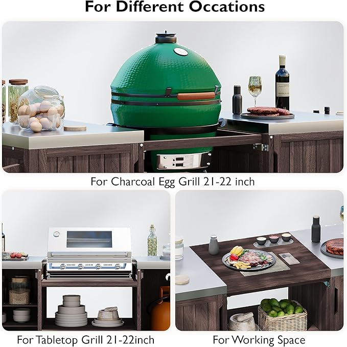 66.5" Outdoor Kitchen Island for Big Green Egg Grills, Solid Wood Grill Cart for Tabletop Grill with Stainless Steel Top, Drawer, Adjustable Middle Shelf, Compatible with Large Big Green Egg