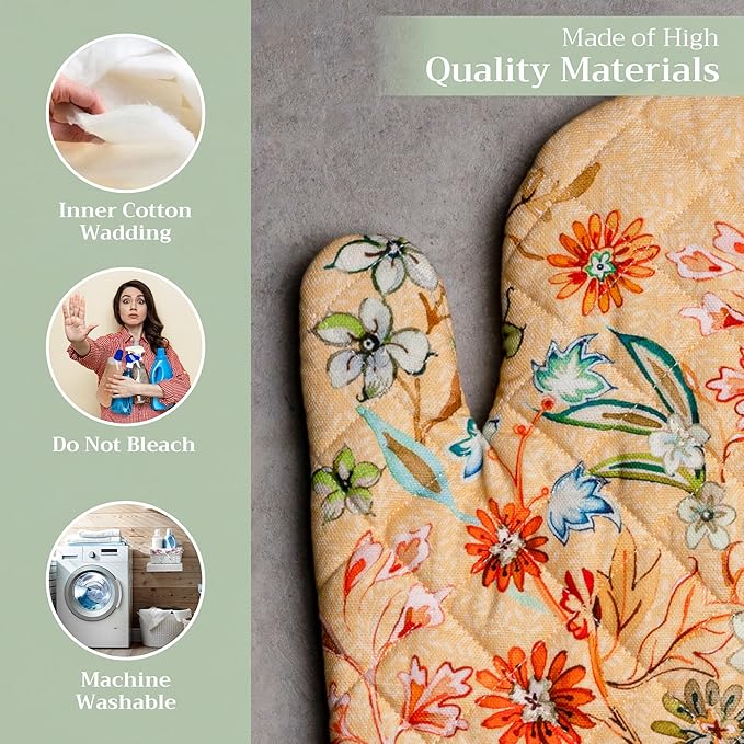 Maison d'Hermine Oven Gloves 100% Cotton Oven Mitt 7" x 13" with Loop Heat Resistant BBQ Cooking Gloves Baking Grilling Kitchen Hotel Home Farmhouse Spring Summer (Pack of 1, Luxury Loft - Peach)