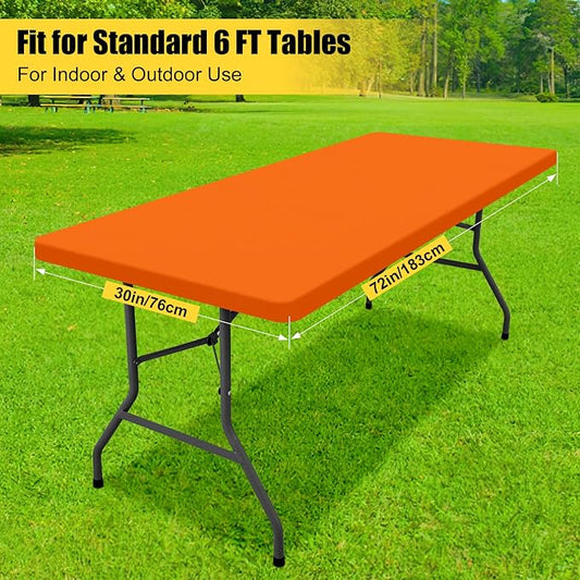 Smiry 2 Pack Rectangle Tablecloth, Elastic Fitted Flannel Backed Vinyl Tablecloths for 6ft Folding Tables, Waterproof Wipeable Table Covers for Indoor, Outdoor, Picnic and Camping (Orange, 30"x72")