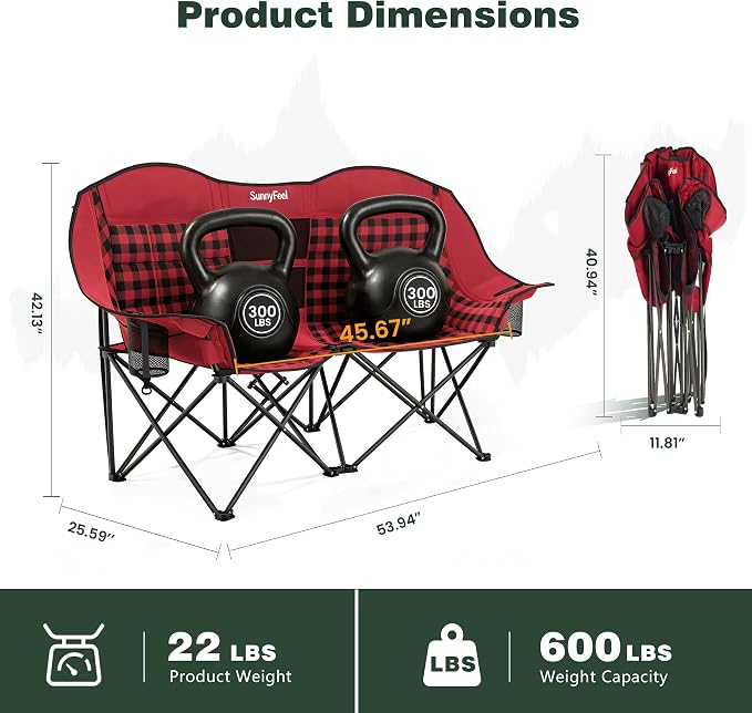 SUNNYFEEL Double Camping Chair Oversized Loveseat for Adults | 600LBS Heavy Duty Padded Camping Couch with Cup Holder, Storage Pockets & Carry Bag for Patio RV/ Lawn/ Backyard