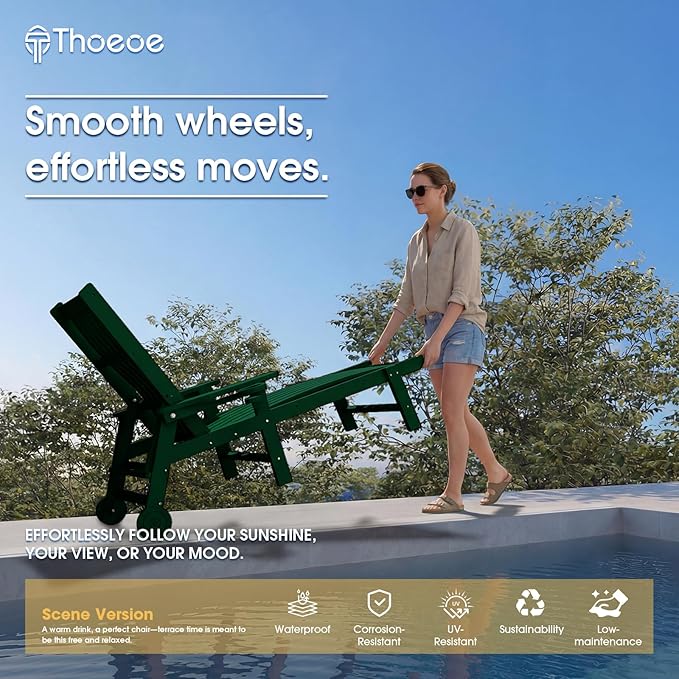 THOEOE Patio Chaise Lounge Chair, Lounge Chair Outdoor with 5 Positions, HDPE, Patio Lounge Chair with Wheels & Cup Holder for Pool, Deck, Poolside,Green