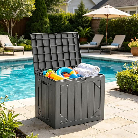 Outdoor Storage Box,30 Gallon Deck Box Outdoor Storage Bench Outside Waterproof Resin Storage Bench, Lockable Patio Cushions, Garden Tools Storage For Furniture, UV Resistant(Gray