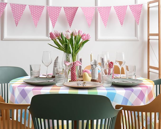 Spring Disposable Checkered Tablecloth Round Plastic Buffalo Plaid Table Cloth 84'' Gingham Pastel Tablecover for Picnic Camping BBQ Graduation Party(Macaron Colors, 6 Pieces)