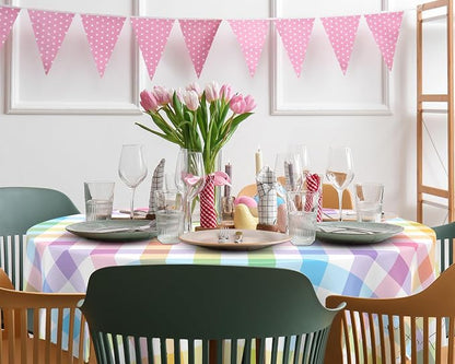Spring Disposable Checkered Tablecloth Round Plastic Buffalo Plaid Table Cloth 84'' Gingham Pastel Tablecover for Picnic Camping BBQ Graduation Party(Macaron Colors, 6 Pieces)