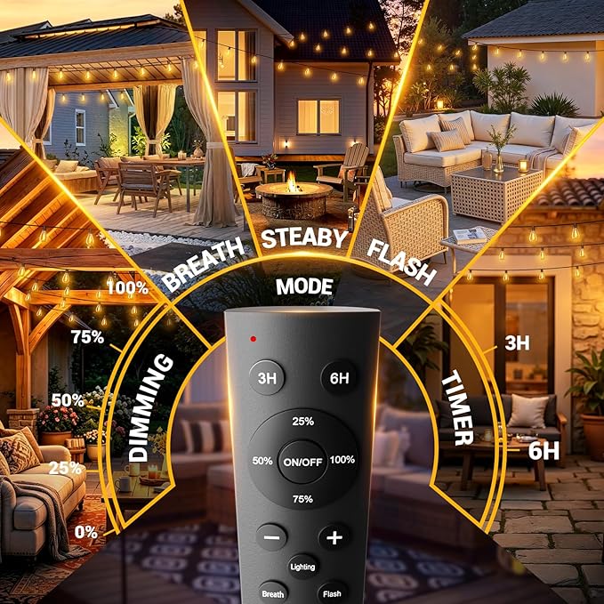 50FT Outdoor String Lights with Remote, Waterproof Patio Lights with 18+1 Shatterproof LED Bulbs,Dimmable Hanging Decor for Backyard Garden Porch Bistro, Timer & 3 Modes,2200K Warm White